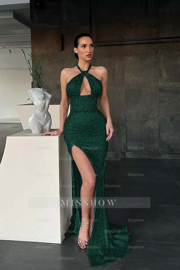 Halter Sleeveless Long Mermaid Formal Dress With Split Sequins