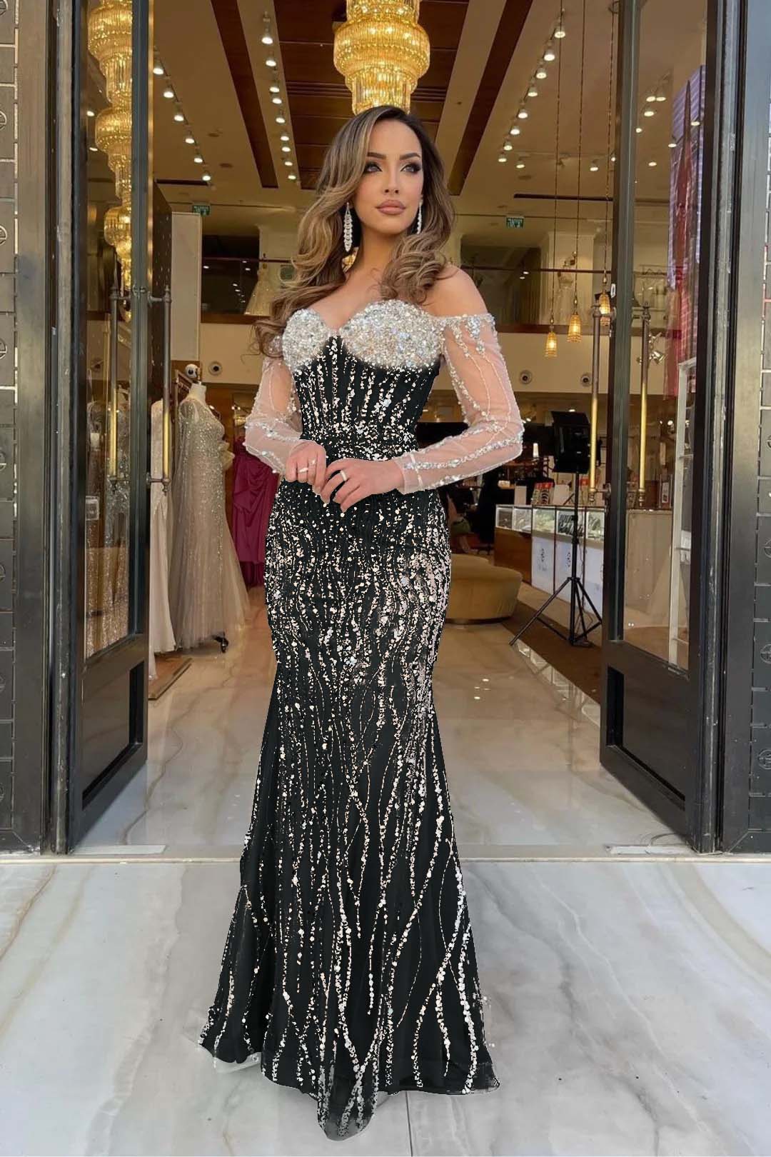 Heavy Formal Dress Sweetheart Long Sleeves Strapless Beading Long Tulle