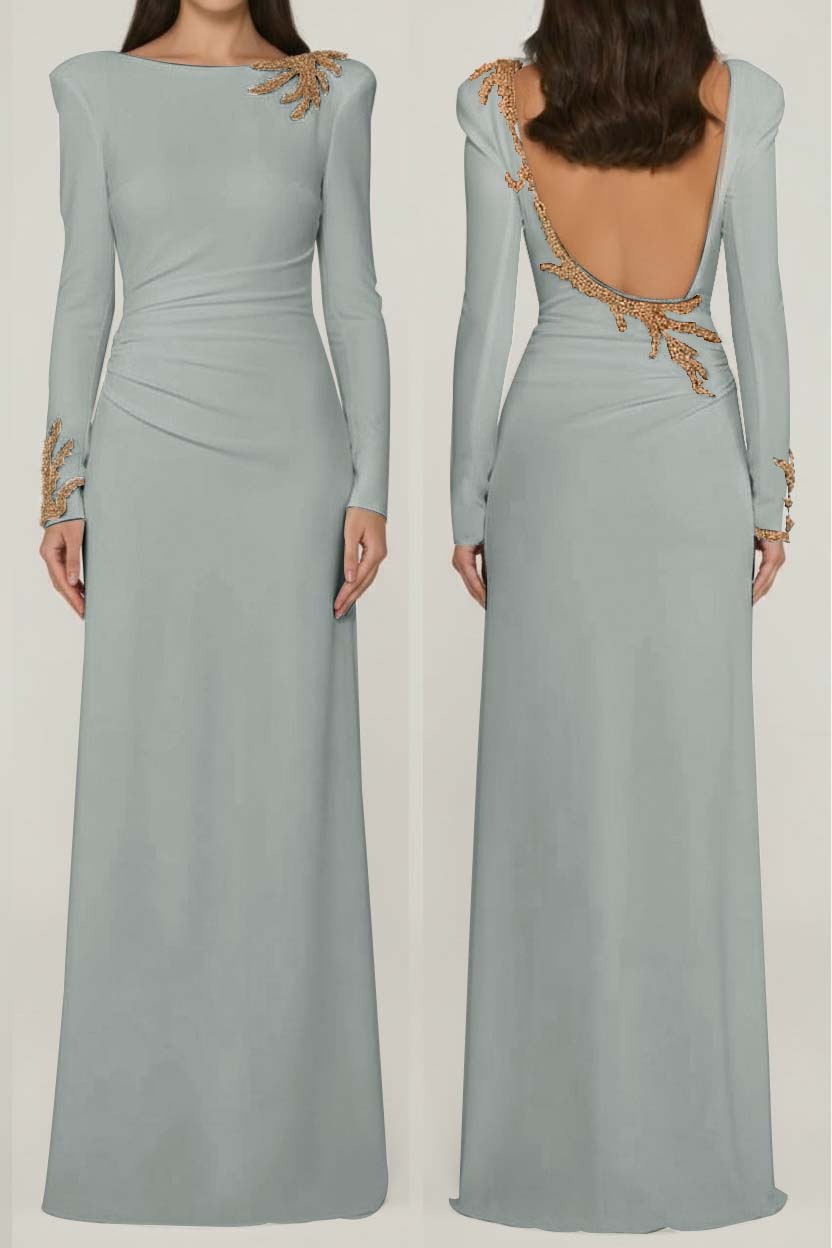 Long Sleeves Long Backless Formal Dress With Appliques Pleated