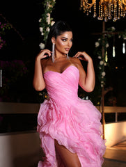 Pink Organza Sweetheart Strapless Hi-Low Evening Dress Ruched Bodice Layered Ruffle Skirt Formal Gown with Split