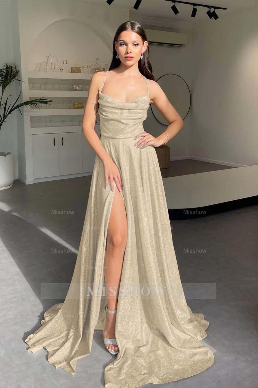 Halter Sleeveless Long Split Formal Dress With Pleated Sequins