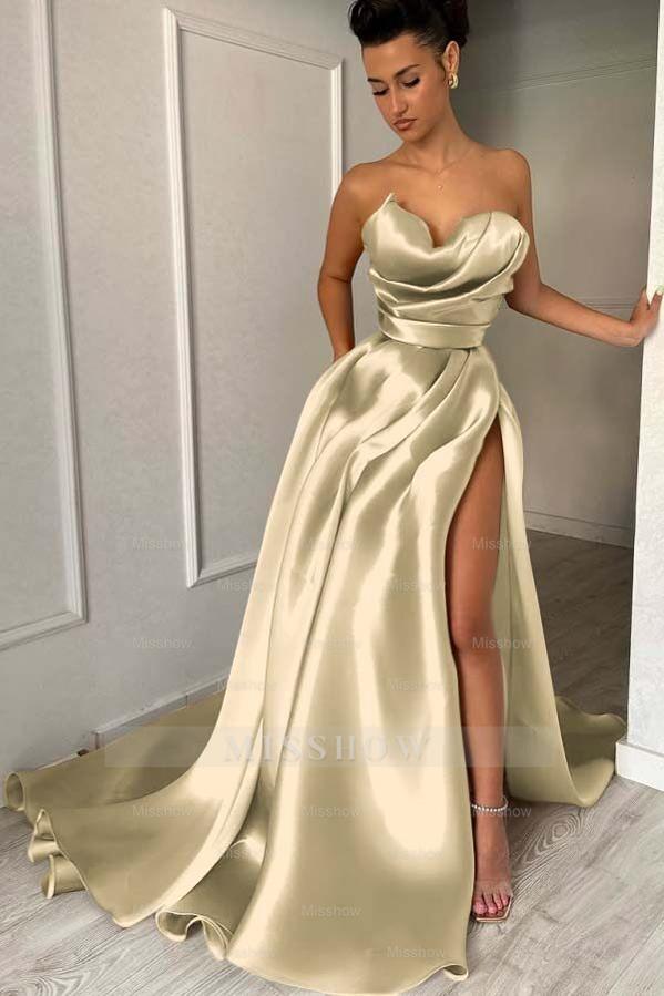 Strapless Sleeveless Long Formal Dress With High Split Pleated