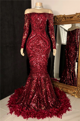 Long Sleeves Strapless Mermaid Formal Dress Sequins Burgundy With Feather