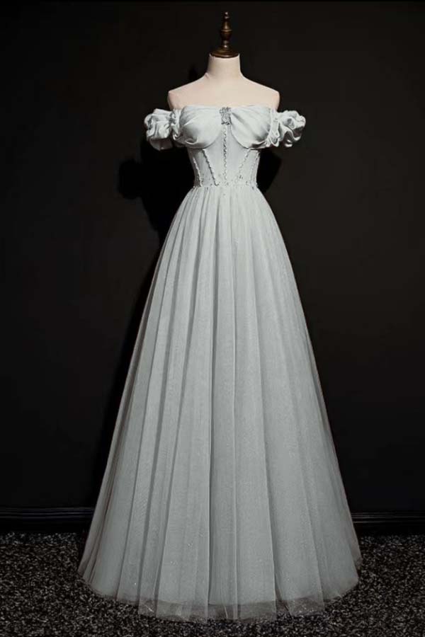 Off the Shoulder Strapless Sleeveless Long Formal Dress With Tulle