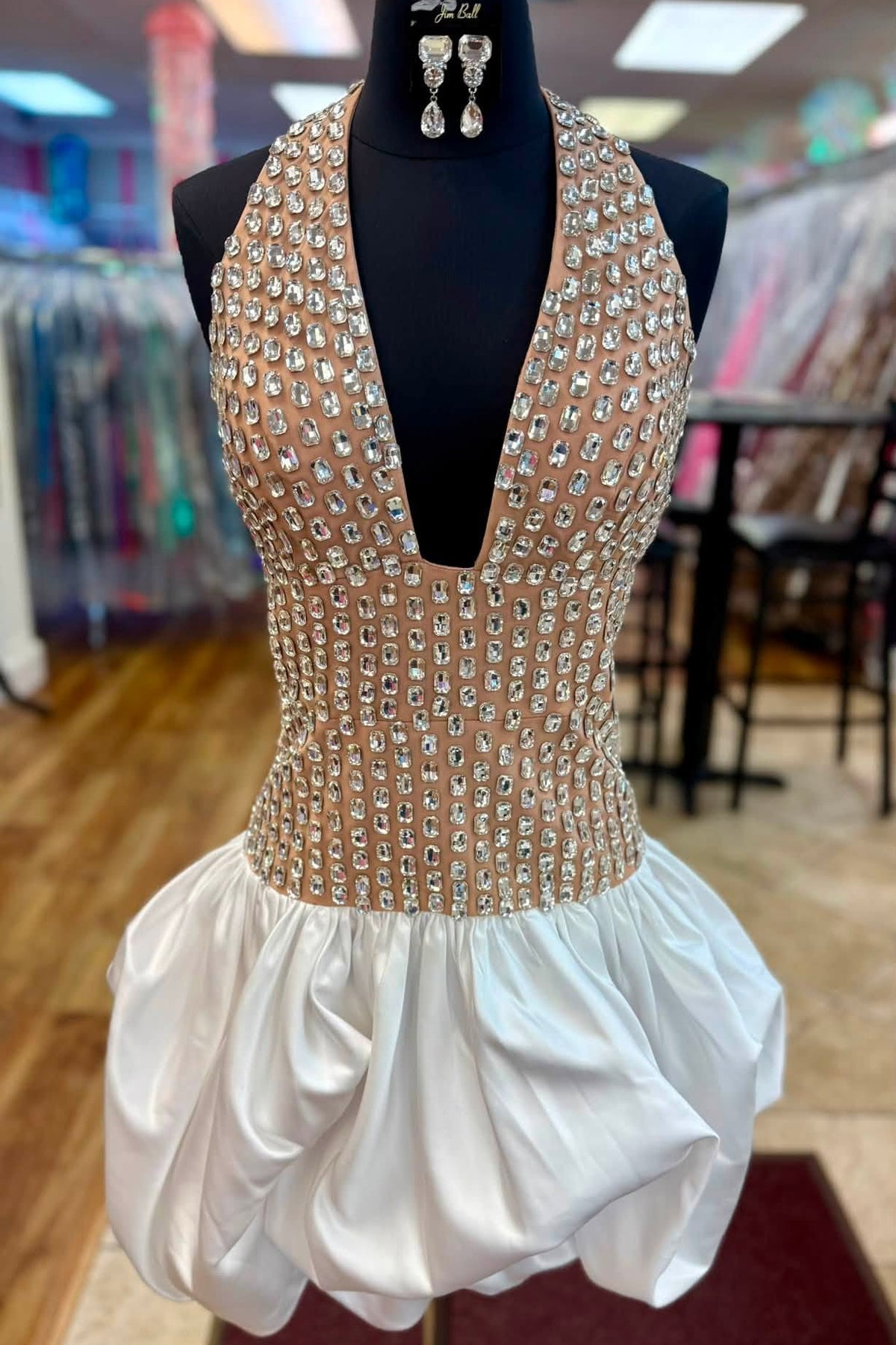 Halter Deep V Neck Heavy Crystal Sheer Bodice Homecoming Dress Bubble Puff Ball Mini