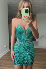 Strapless Sequin Rhinestone Homecoming Dress Deep V Sweetheart Sunburst Ruched Bodycon Mini