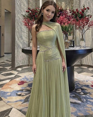 One Shoulder Cape Sleeve Pleated Chiffon Evening Dress Crystal Beaded Waist A-line Formal Gown