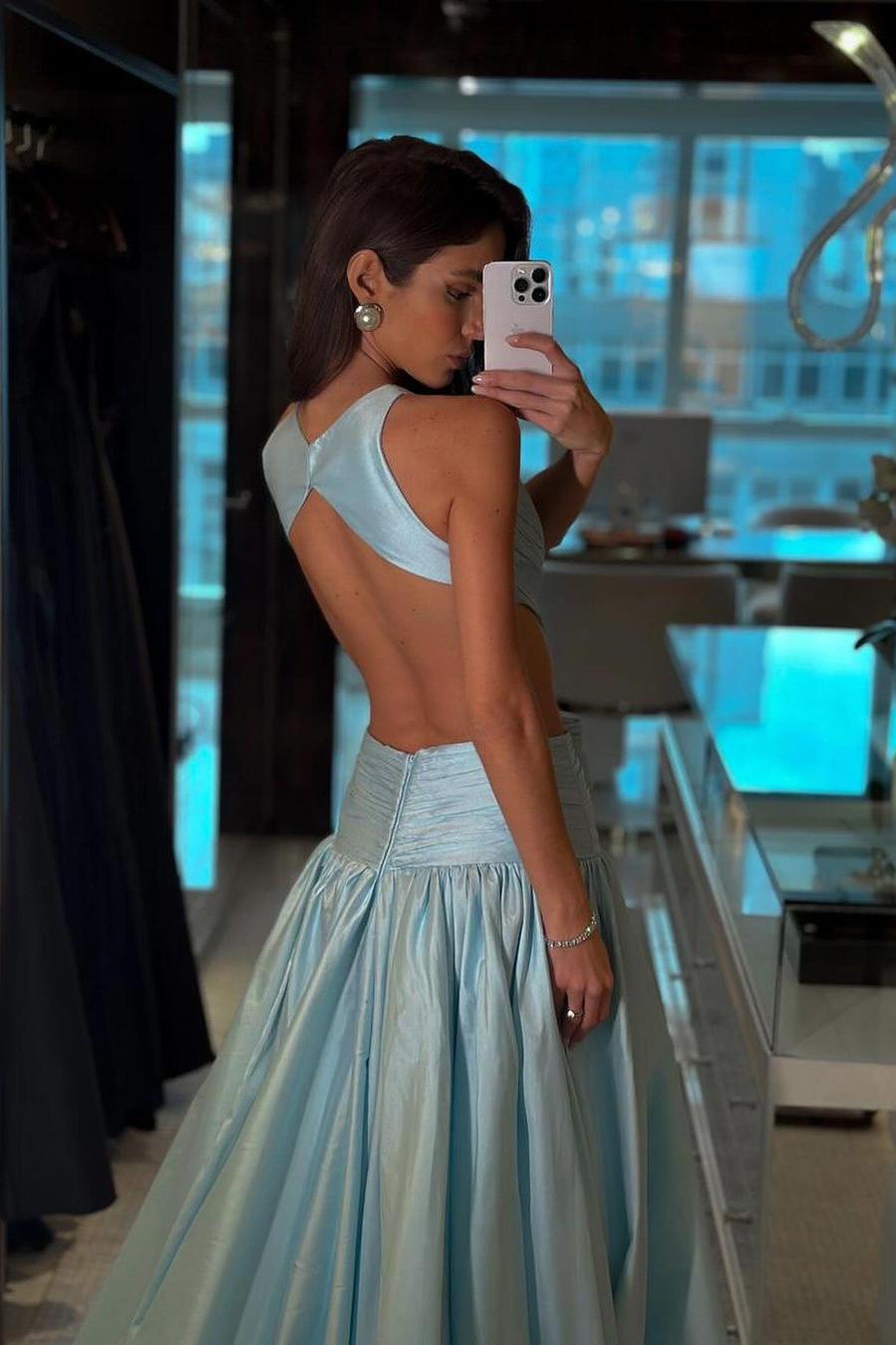 Jewel Neck Backless Sleeveless A Line Long Formal Dress With Pleated