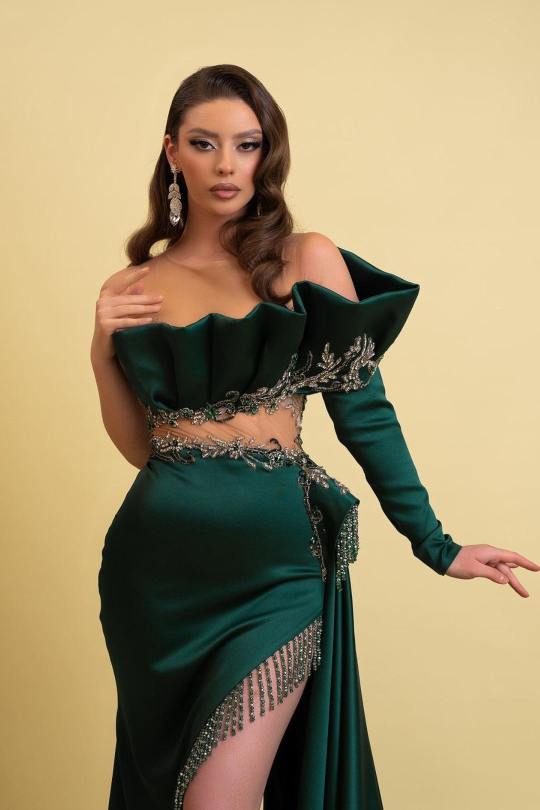 Dark Green Long Sleeves Formal Dress With Tassel High Slit Trail