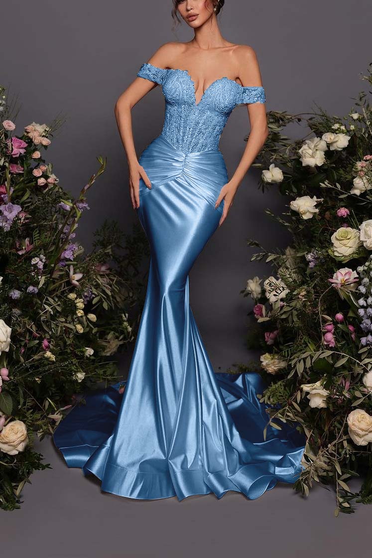 Off The Shoulder Sleeveless Long Mermaid Formal Dress With Pleated