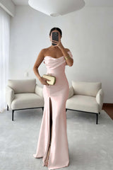 One Shoulder Sleeveless Long Mermaid Formal Dress With Split Pleated