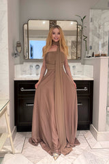 Mocha Satin A-line Evening Dress Strapless Ruched Bodice Wrap Scarf Neck Formal Gown with Split