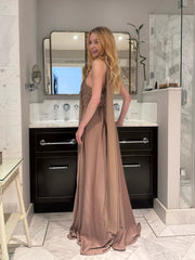 Mocha Satin A-line Evening Dress Strapless Ruched Bodice Wrap Scarf Neck Formal Gown with Split