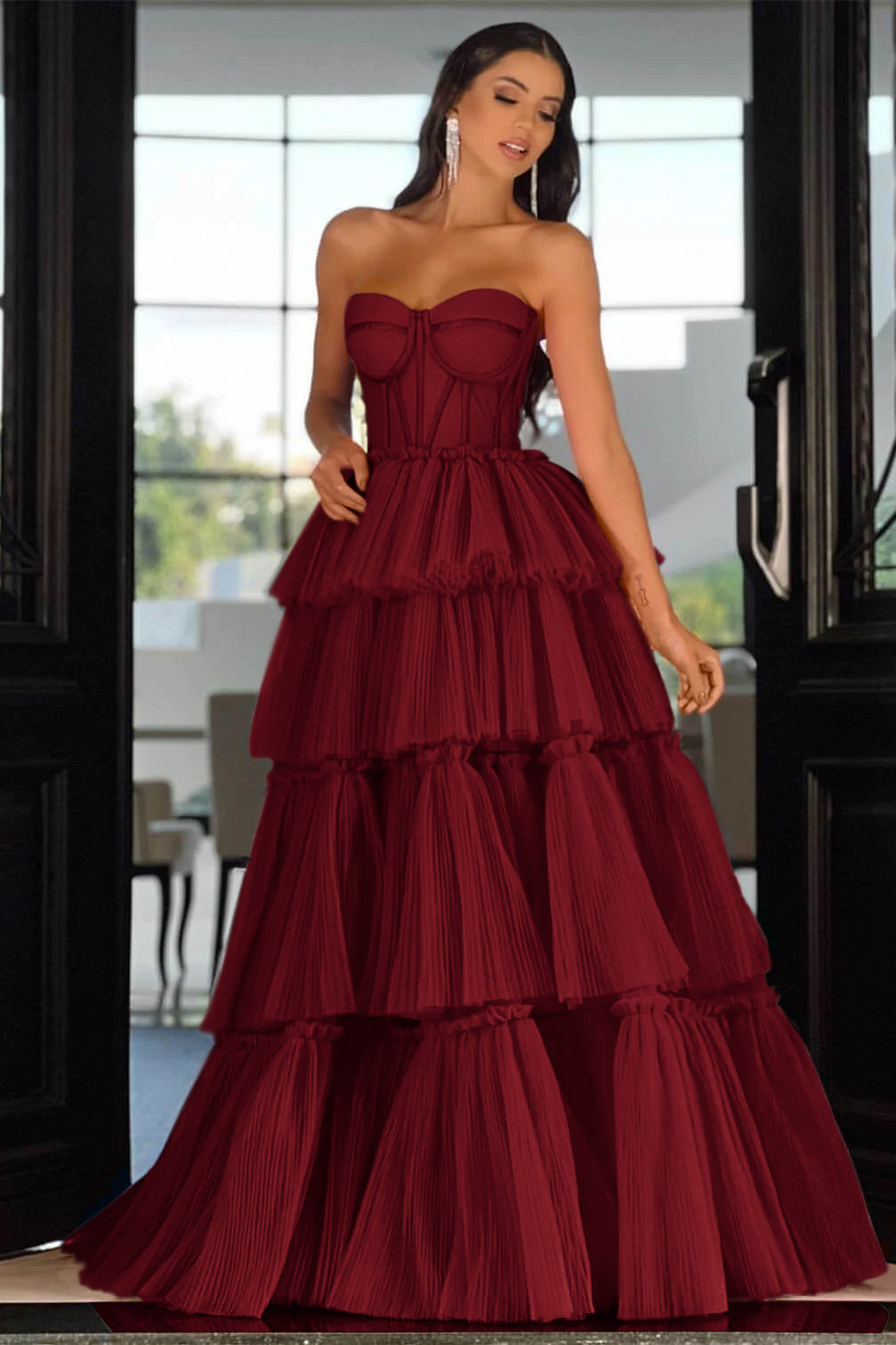 Elegant Sweetheart Strapless Formal Dress Long Sleeveless Layers Hot Pink