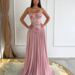 Pink Floral Appliques Strapless A-Line Long Prom Dress with Sequins