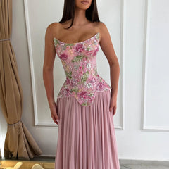 Pink Floral Appliques Strapless A-Line Long Prom Dress with Sequins