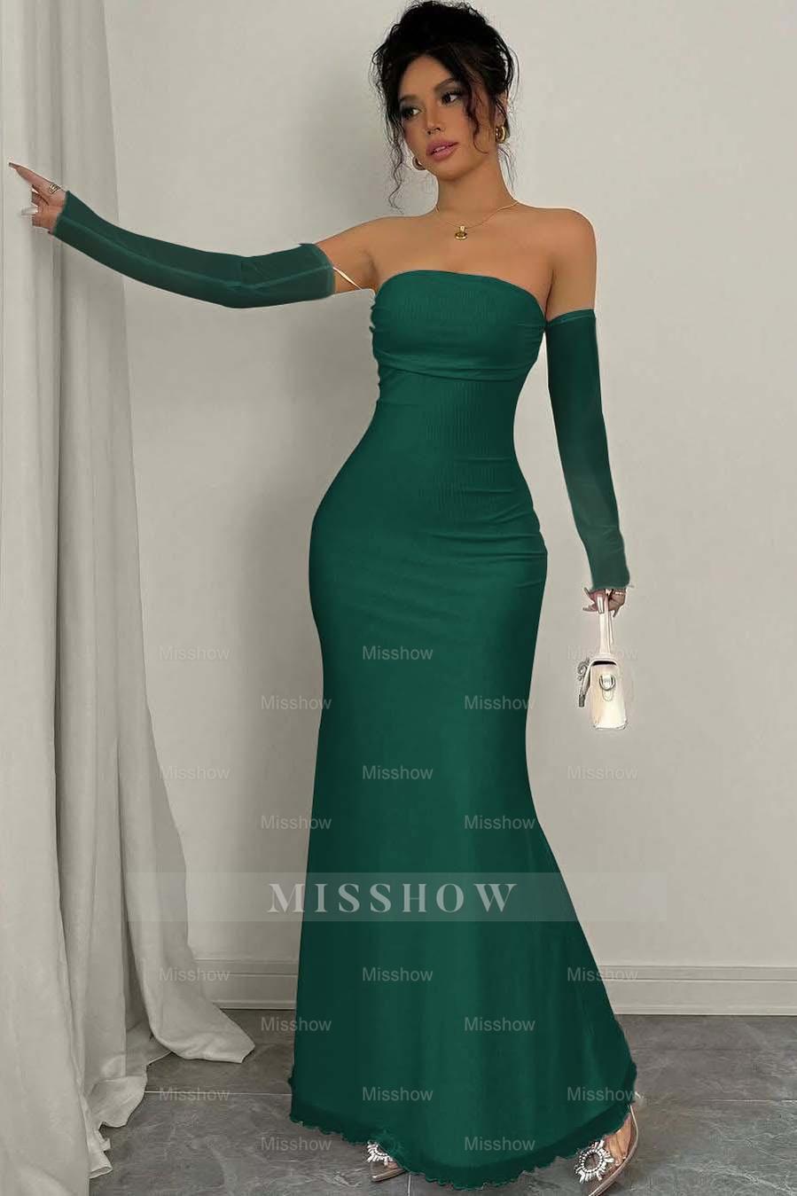 Strapless Long Mermaid Formal Dress With Detachable Sleeves Pleated