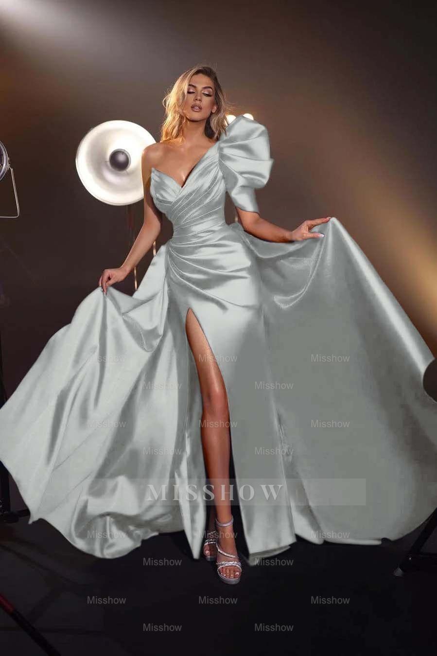 One Shoulder V Neck Sleeveless Long Split Formal Dress With Pleated