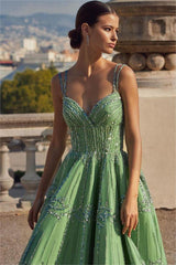 Green Spaghetti Strap Sweetheart Sleeveless Formal Dress With Bead Embroidery