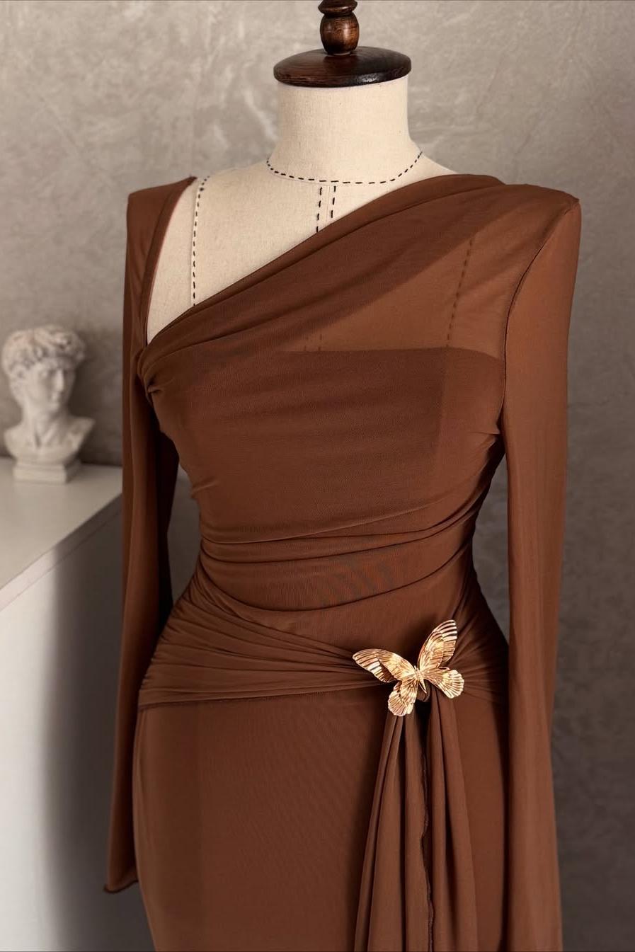 One Shoulder Long Sleeves Long Mermaid Formal Dress With Pleated