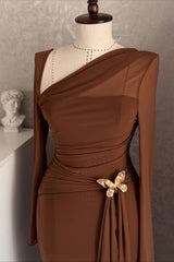 One Shoulder Long Sleeves Long Mermaid Formal Dress With Pleated