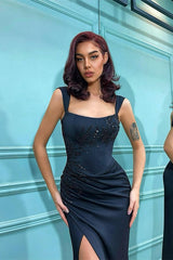 Shoulder Straps Front Split Black Mermaid Formal Dress With Beading