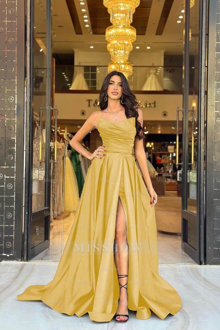 Strapless Sleeveless Long Front Split Formal Dress With Pleated