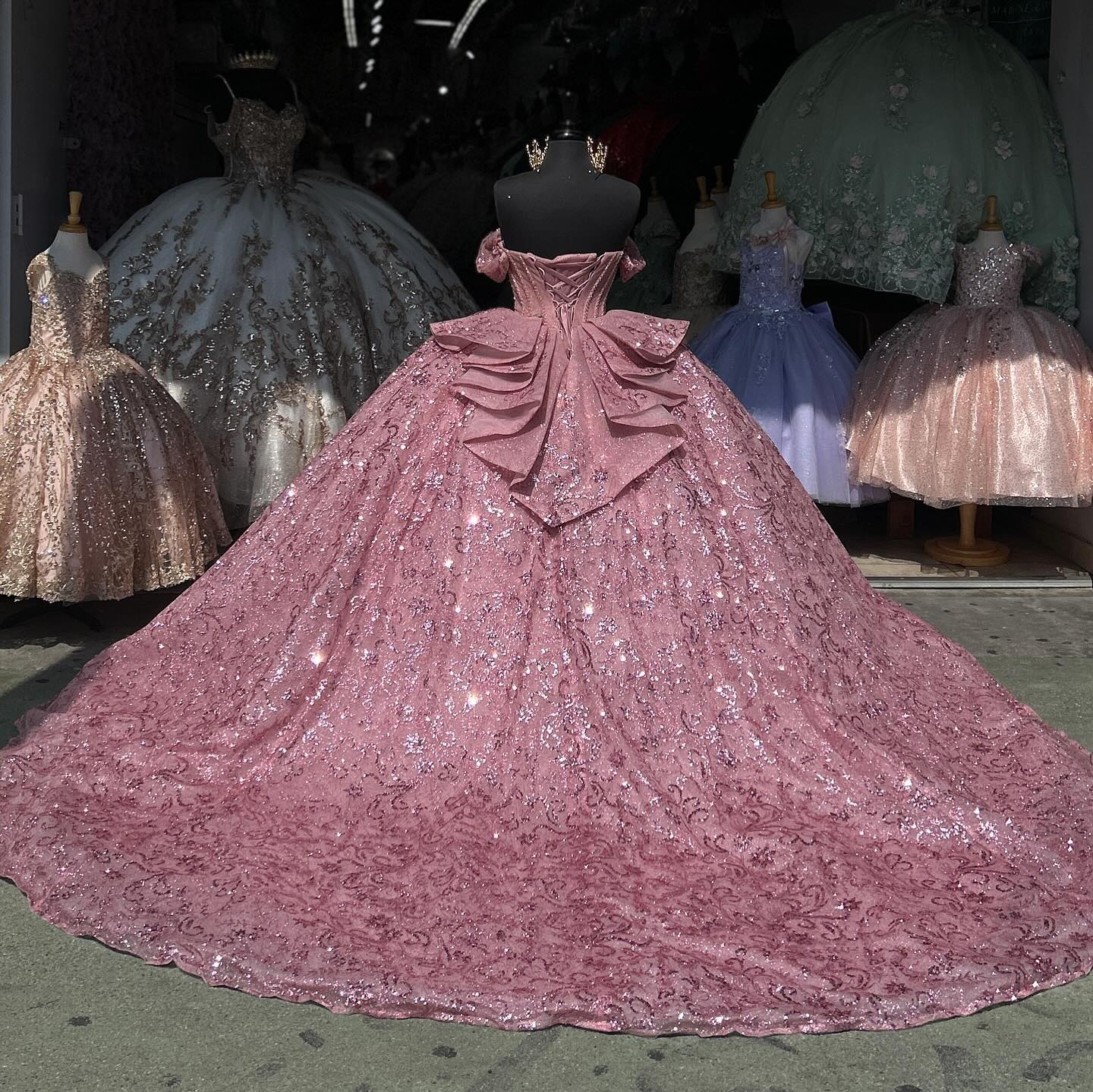 Misshow Off-Shoulder Ball Gown Sparkling Sequined Pink Tulle Quinceanera Dress with Beaded Crystal Details for Sweet 16 & Birthday Parties