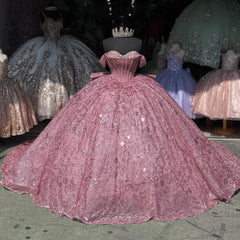 Misshow Off-Shoulder Ball Gown Sparkling Sequined Pink Tulle Quinceanera Dress with Beaded Crystal Details for Sweet 16 & Birthday Parties