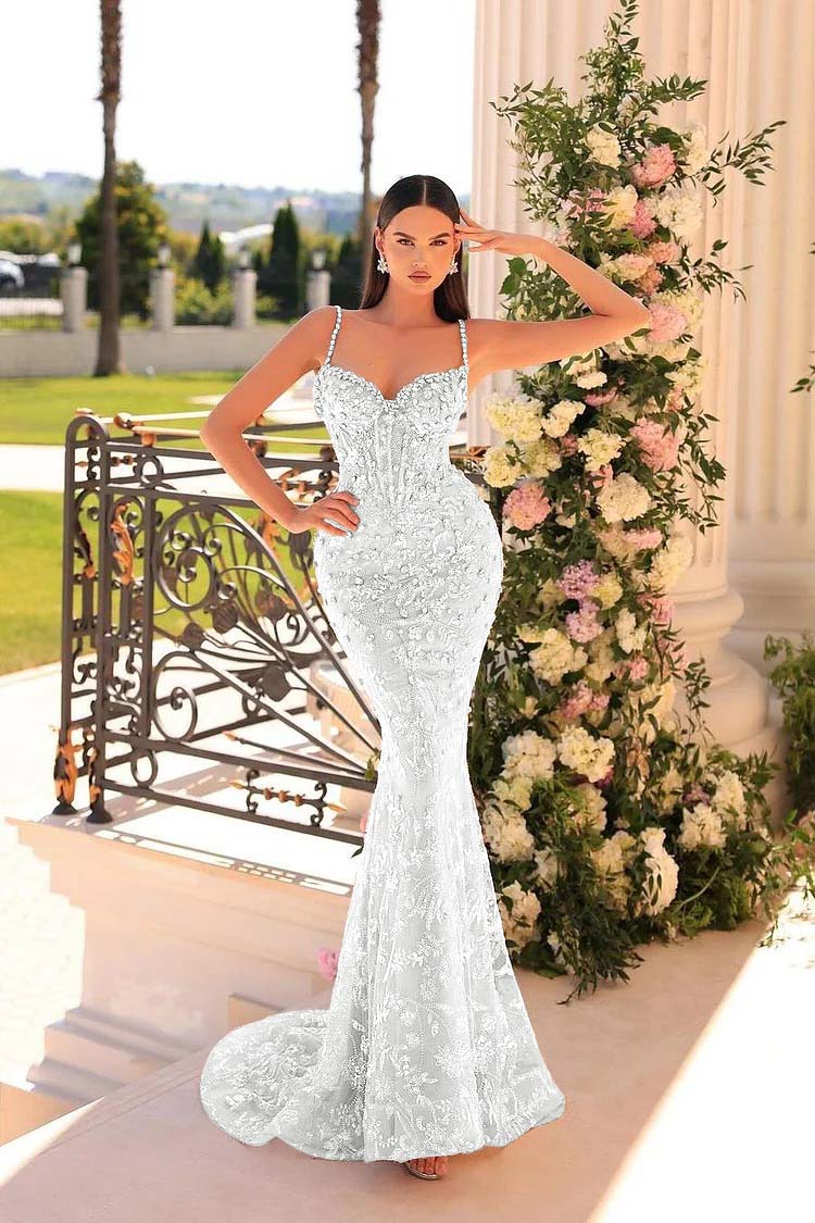 Spaghetti Strap Sleeveless Mermaid Appliques Long Formal Dress With Beadings