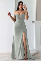 Off the Shoulder Sleeveless Long Split Formal Dress With Pleated