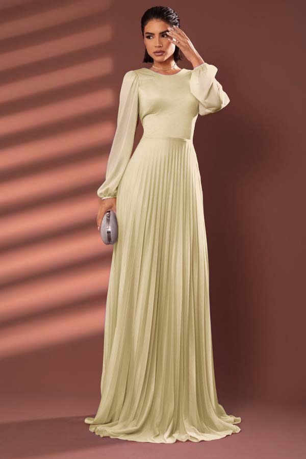 Chiffon Jewel Neck Long Sleeves Long Formal Dress With Pleated