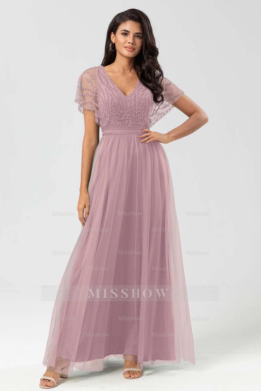 Tulle Short Sleeves V Neck A Line Long Formal Dress With Appliques