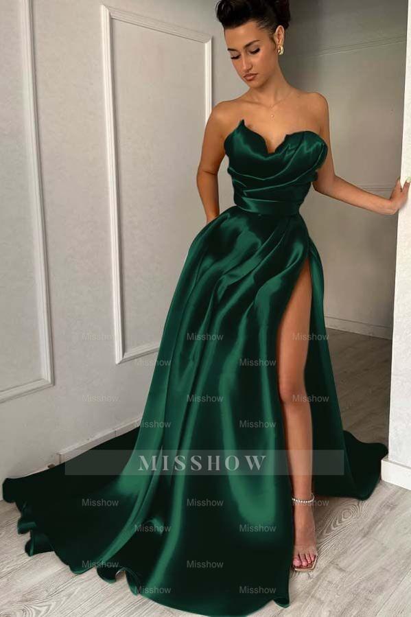 Strapless Sleeveless Long Formal Dress With High Split Pleated