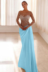Jewel Neck Long Sleeves Long Mermaid Formal Dress With Pleated