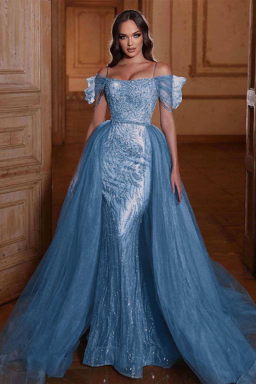 Off the Shoulder Mermaid Formal Dress Tulle Ruffles With Appliques