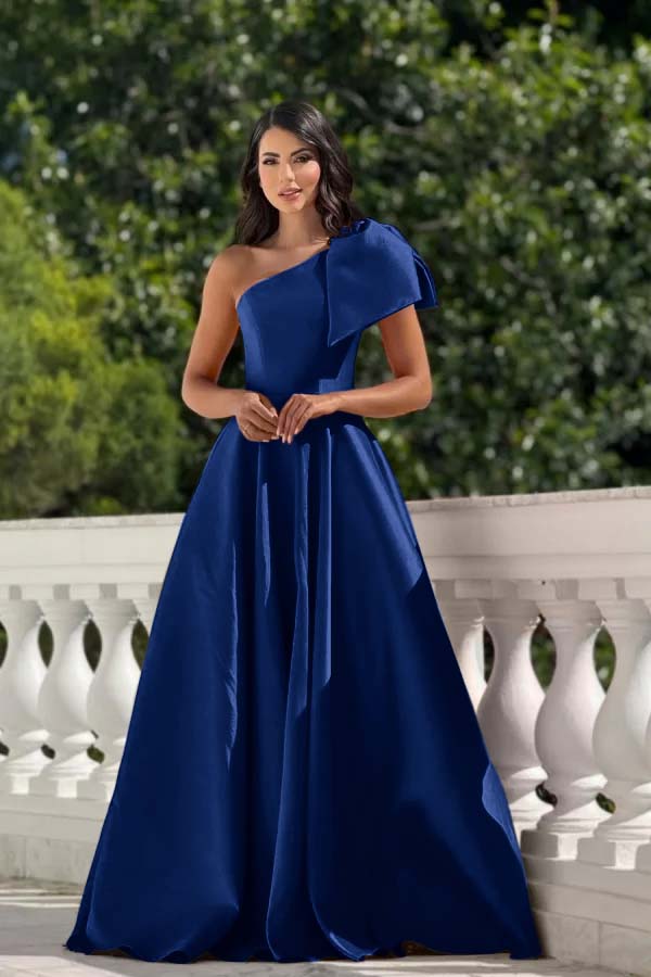 One Shoulder Sleeveless Long Formal Dress With Pleated Bowknot