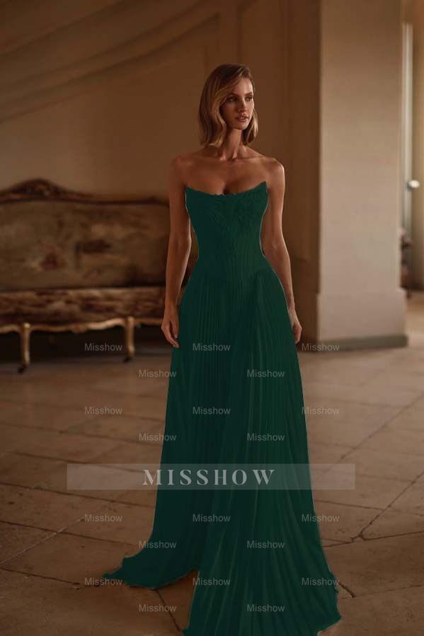 Strapless Sleeveless Long Formal Dress With Appliques Pleated