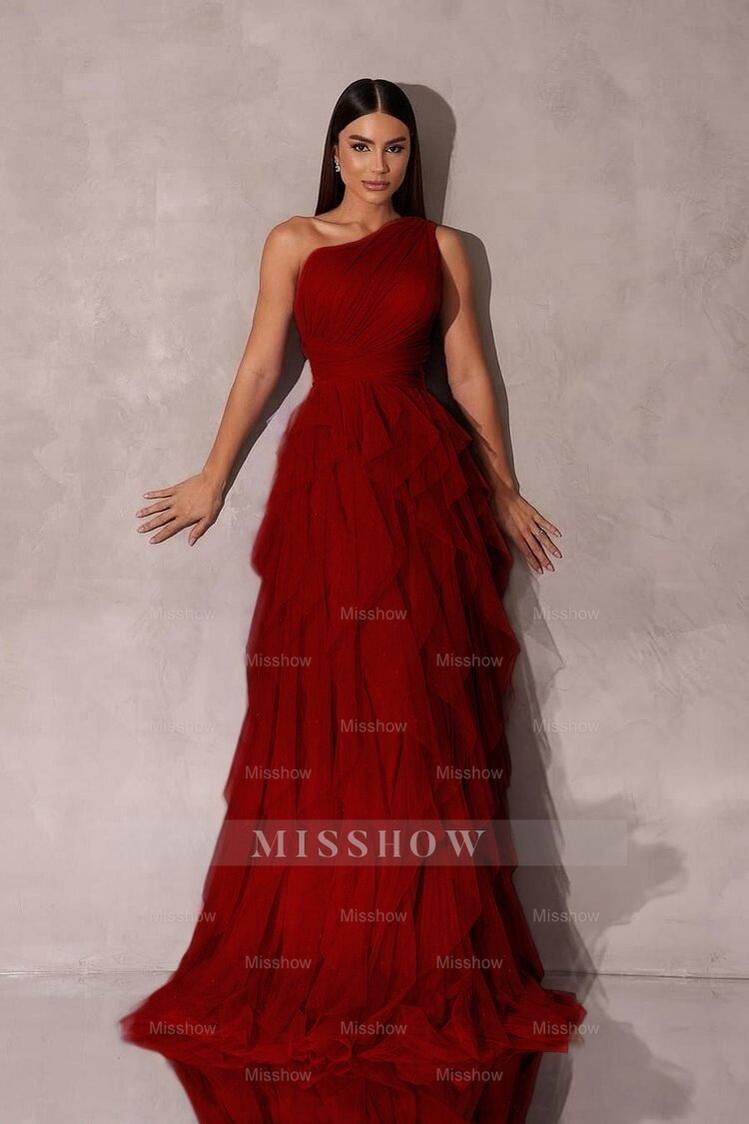 Chic One Shoulder Sleeveless Long Formal Dress With Tulle Ruffle
