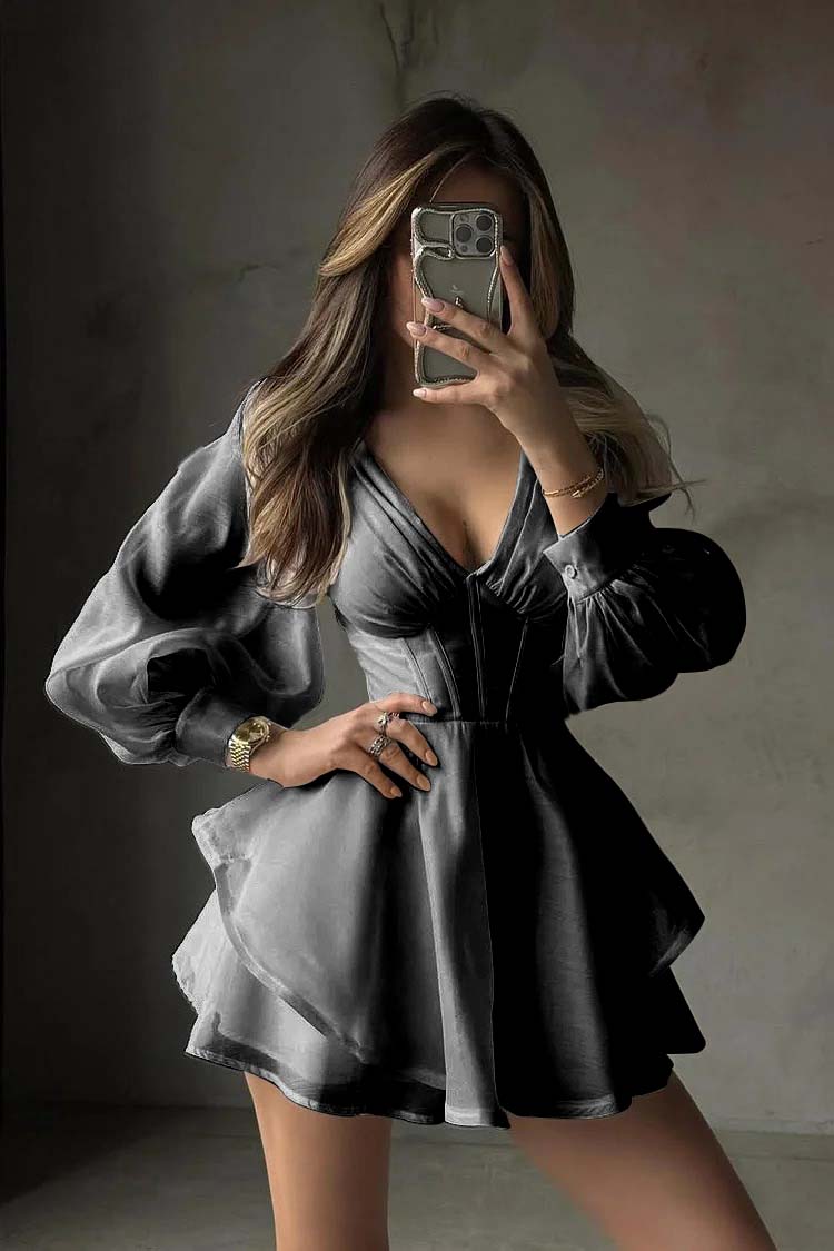 White Long Sleeves V Neck Short Formal Dress With Ruffles Pleated