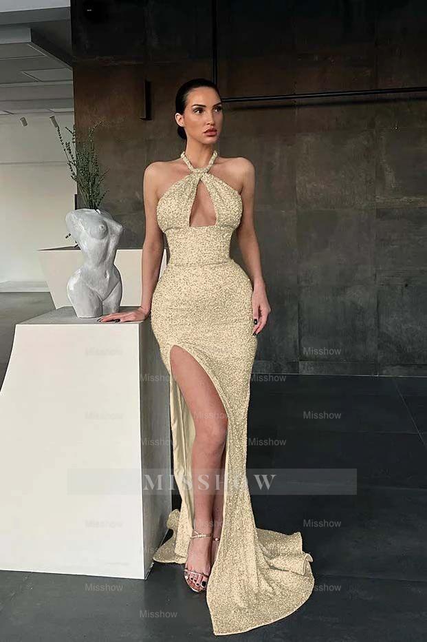 Halter Sleeveless Long Mermaid Formal Dress With Split Sequins