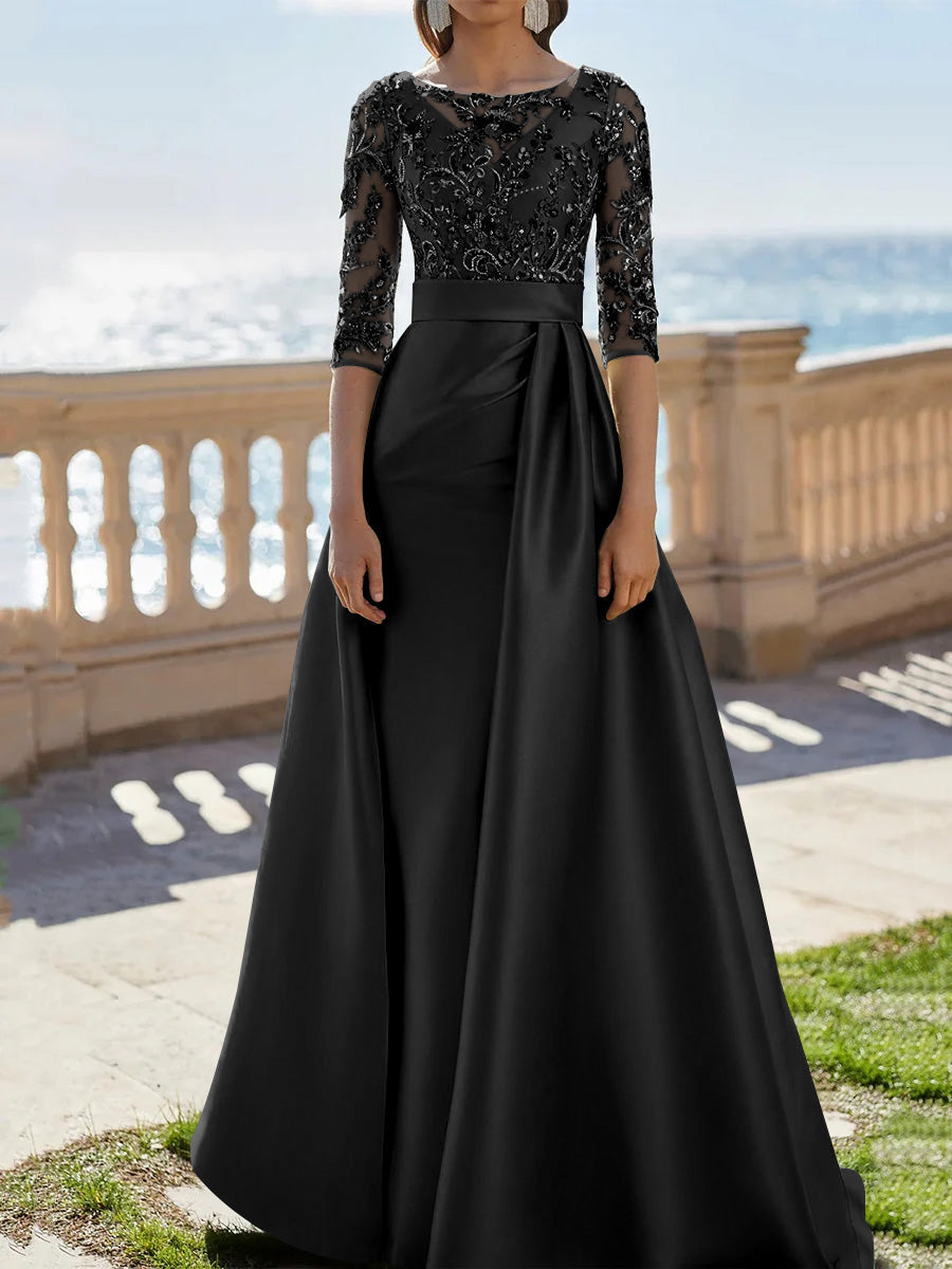 A Line Princess Scoop Satin Evening Dresses Half Sleeves Floor Length Lace Party Dresses