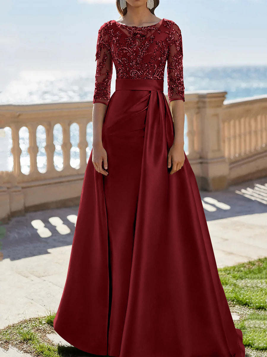 A Line Princess Scoop Satin Evening Dresses Half Sleeves Floor Length Lace Party Dresses