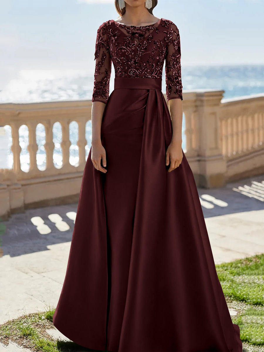 A Line Princess Scoop Satin Evening Dresses Half Sleeves Floor Length Lace Party Dresses