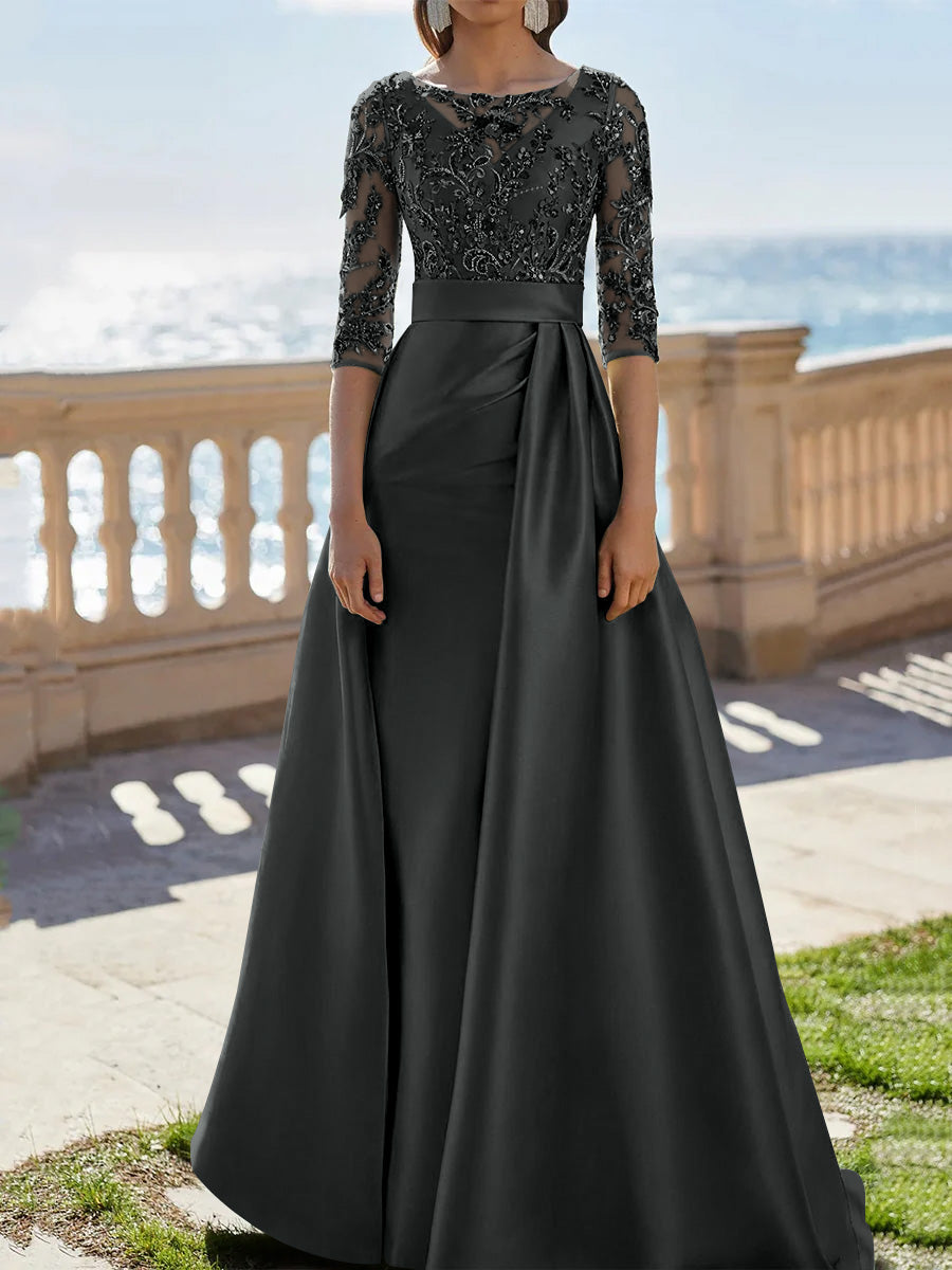 A Line Princess Scoop Satin Evening Dresses Half Sleeves Floor Length Lace Party Dresses