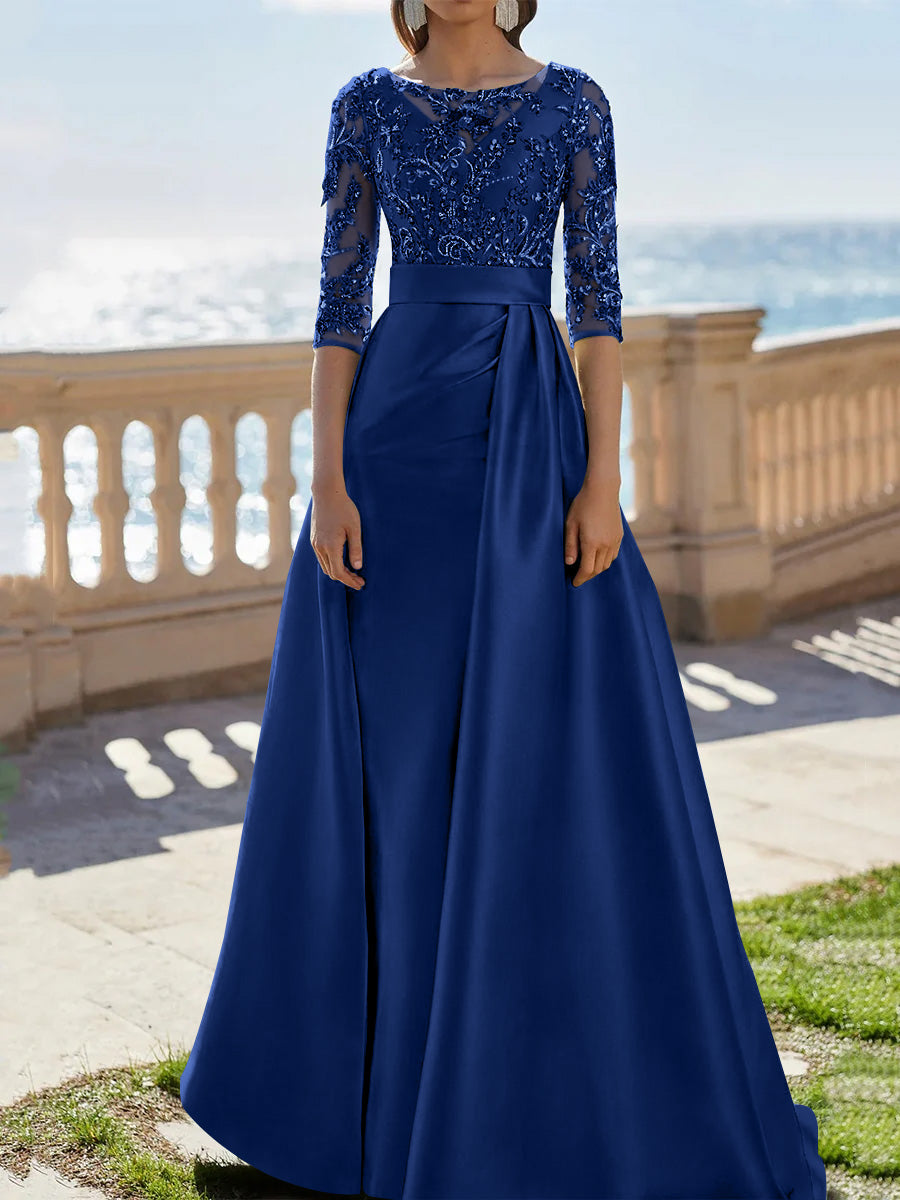 A Line Princess Scoop Satin Evening Dresses Half Sleeves Floor Length Lace Party Dresses