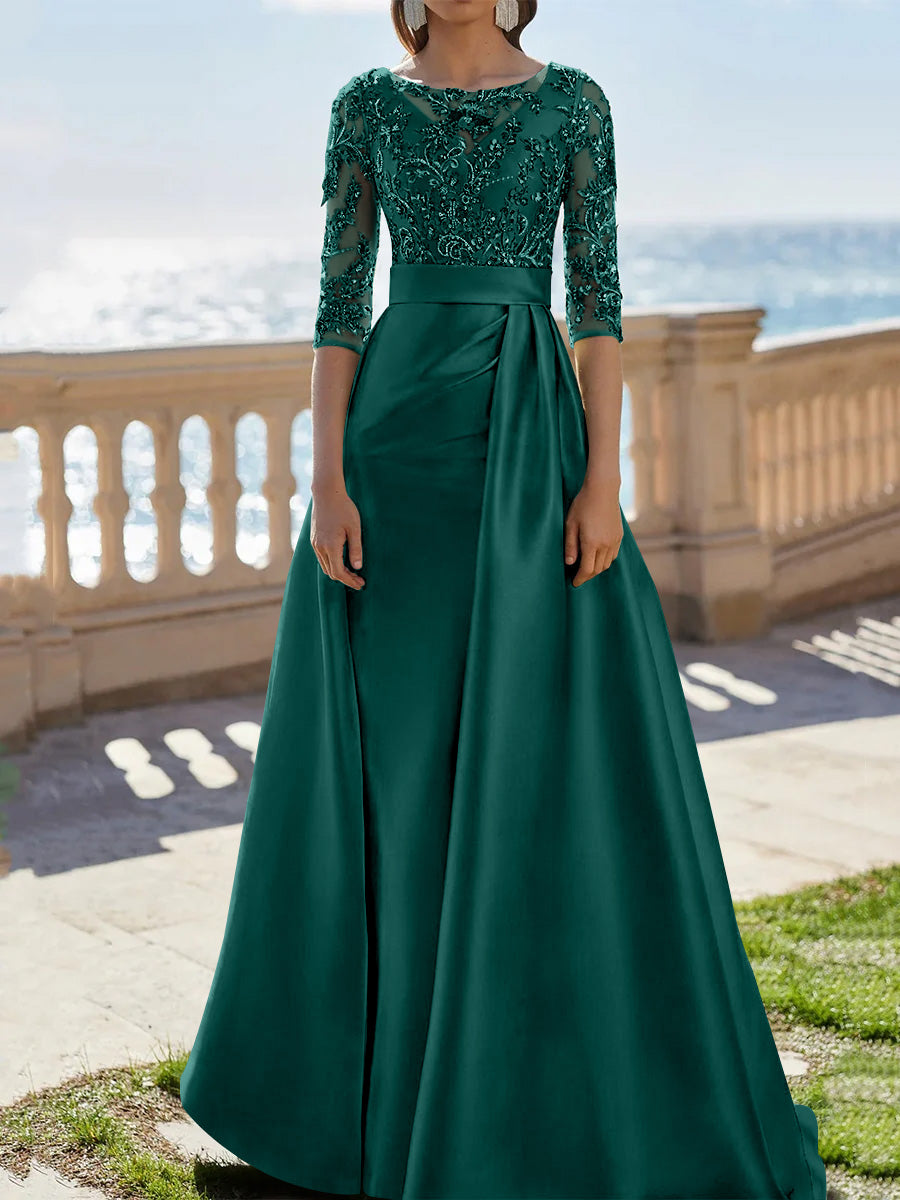 A Line Princess Scoop Satin Evening Dresses Half Sleeves Floor Length Lace Party Dresses