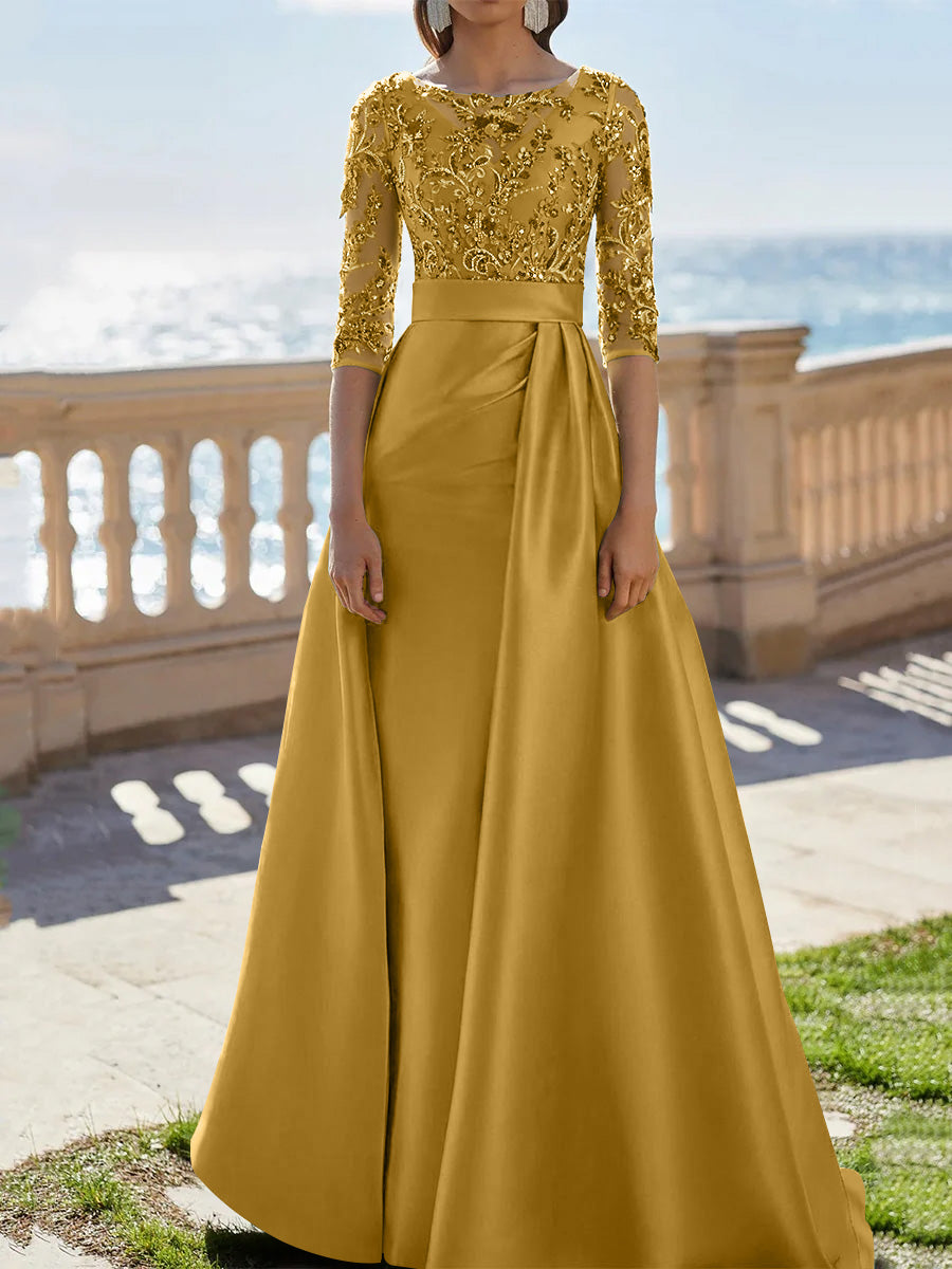 A Line Princess Scoop Satin Evening Dresses Half Sleeves Floor Length Lace Party Dresses