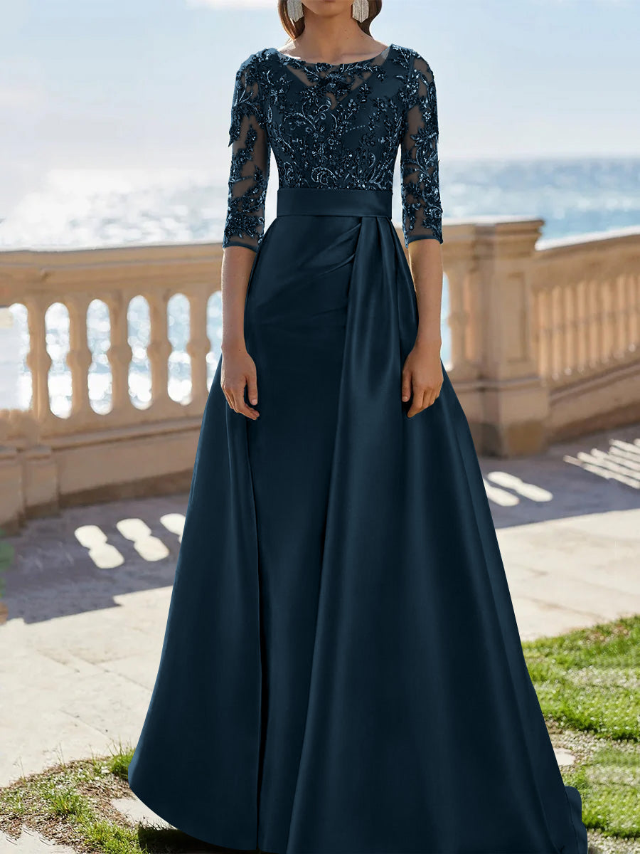 A Line Princess Scoop Satin Evening Dresses Half Sleeves Floor Length Lace Party Dresses