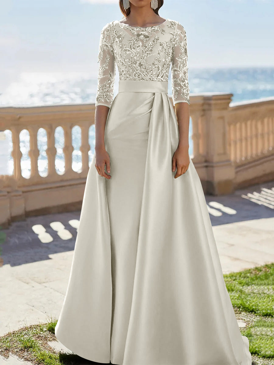 A Line Princess Scoop Satin Evening Dresses Half Sleeves Floor Length Lace Party Dresses